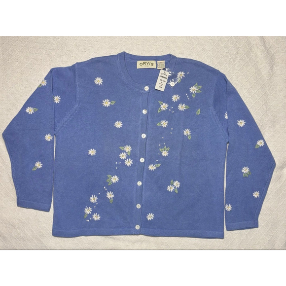 Orvis Sweaters - NWT VINTAGE 80s/90s Orvis Periwinkle Blue Daisy Cardigan Ramie/Cotton Size XL